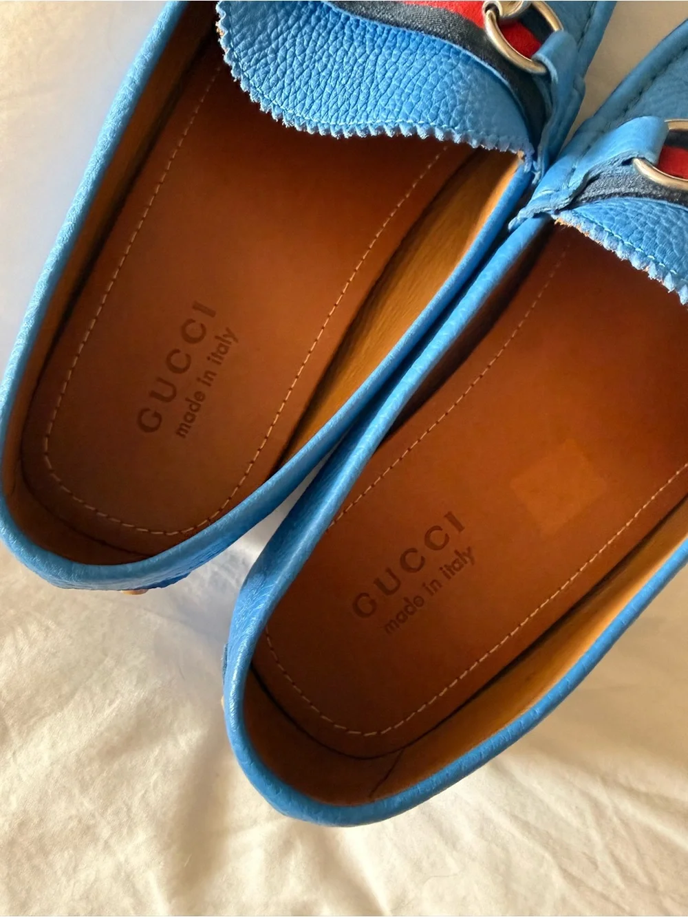 Gucci Light Blue Leather Horsebit Loafers with Red-Blue Web